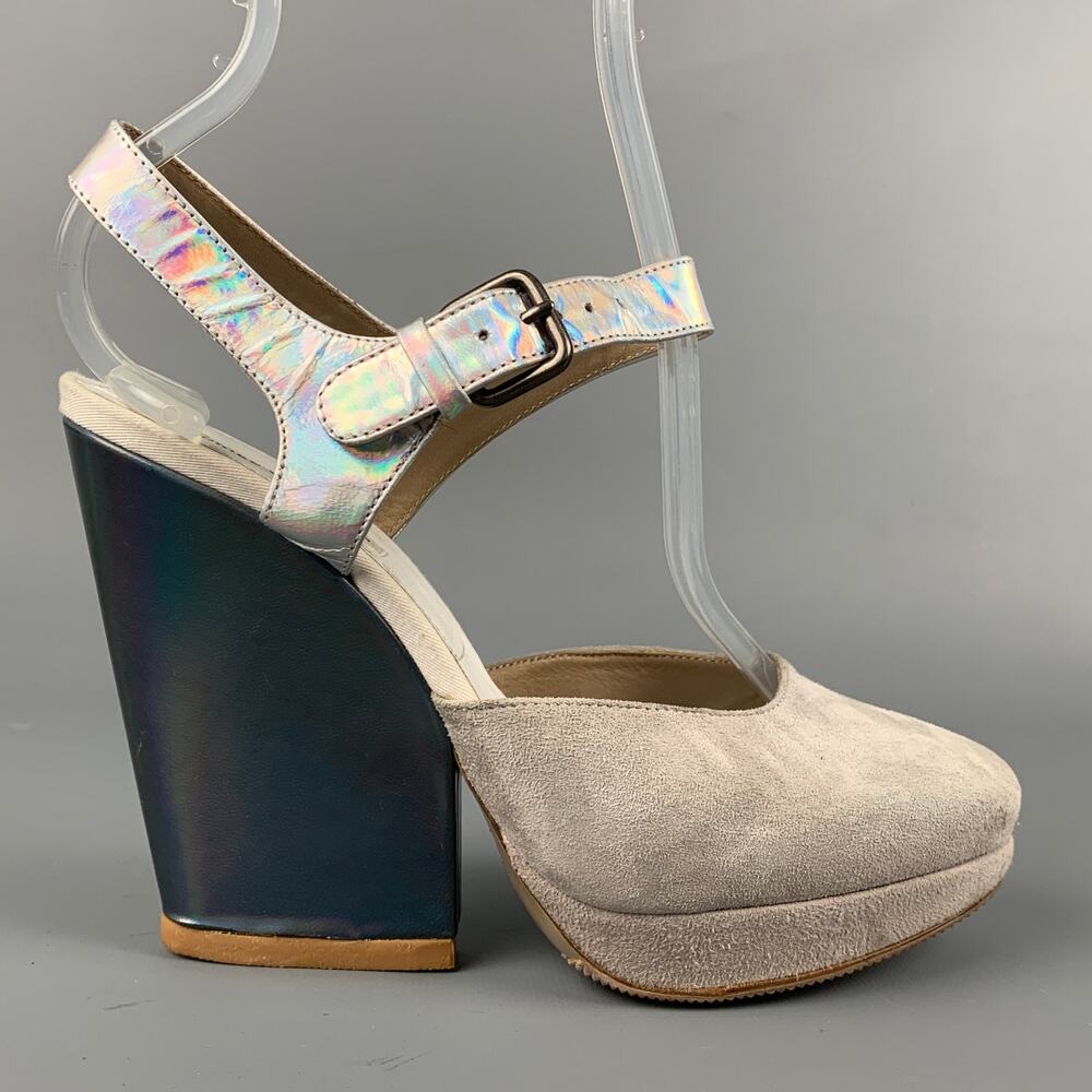 DRIES VAN NOTEN Size 5.5 Iridescent Grey Suede Platform Pumps